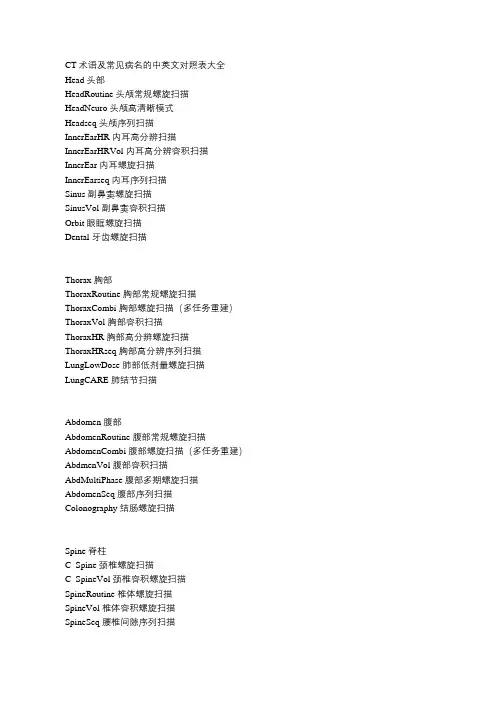 CT术语及常见病名的中英文对照表大全