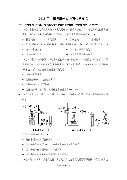 2018年山东省滨州市中考化学样卷