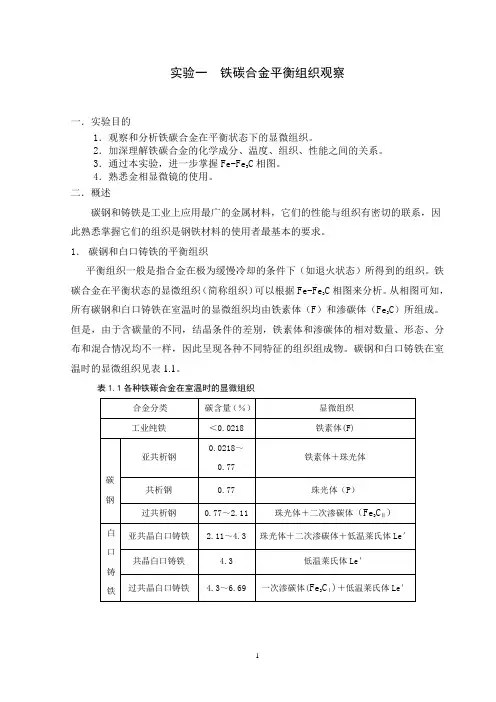 金属学与热处理实验 一、铁碳合金平衡组织观察