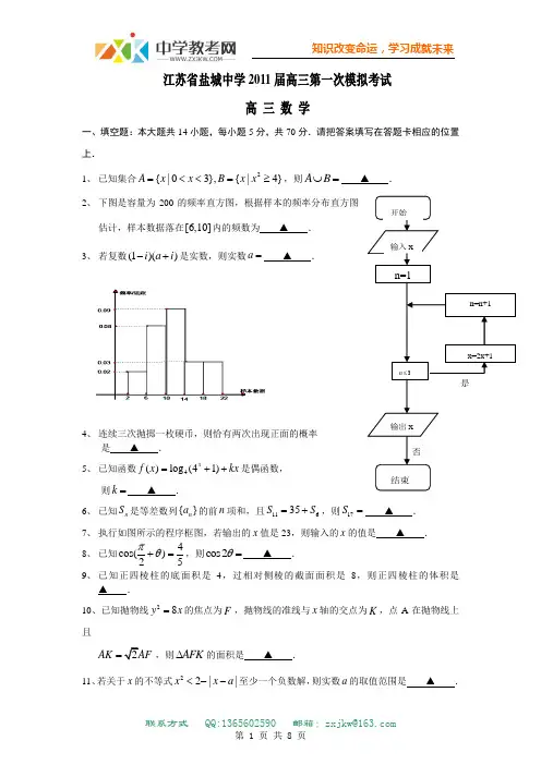 【数学】江苏省盐城中学2011届高三第一次模拟考试