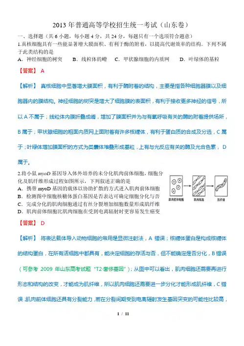 2013山东高考生物试题详解详析