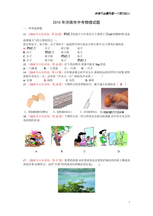 2015年济南市中考物理试题(Word版有答案)[1]
