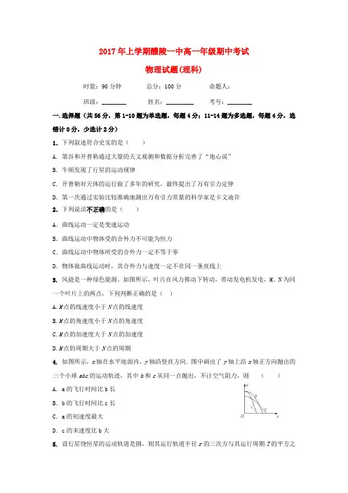 湖南省醴陵市第一中学2016-2017学年高一物理下学期期中试题 理
