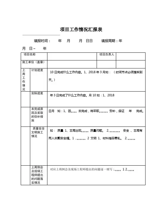 项目施工进度情况汇报表
