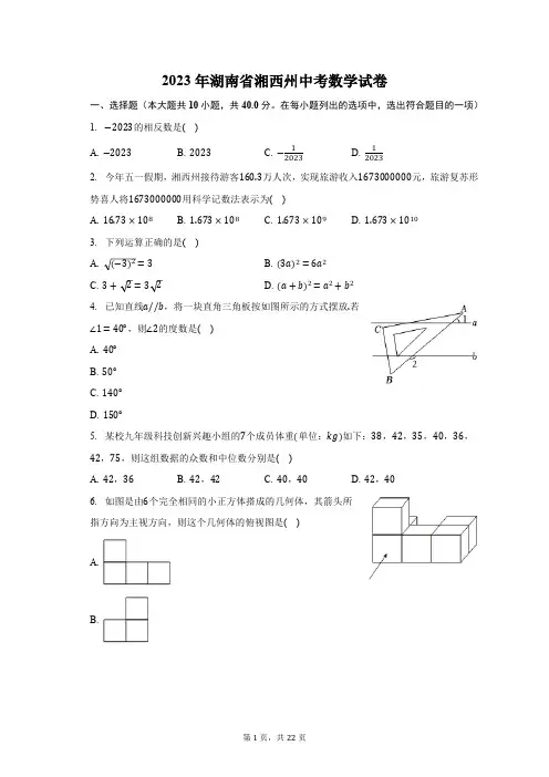 2023年湖南省湘西州中考数学试卷(含解析)