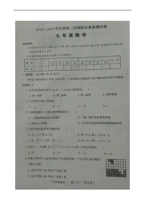 河南省驻马店市平舆县2018-2019学年七年级下学期期末素质测试数学试题(扫描版)