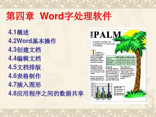 第四章  Word字处理软件 4.1概述4.2Word基本操作4.3创建文档4.4编辑文档4.5文档排版4.6表格制作4.7插入图形
