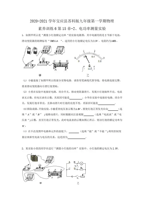 2020-2021学年江苏省宝应县苏科版九年级第一学期物理素养训练6第15章-2、电功率测量实验