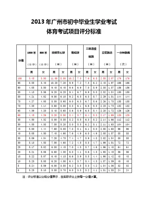 2013年中考体育标准