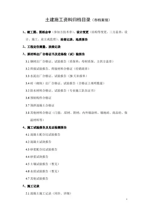 建筑工程土建施工资料目录(市档案馆)