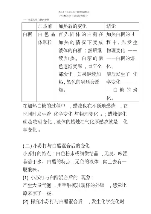 教科版六年级科学下册实验题集合