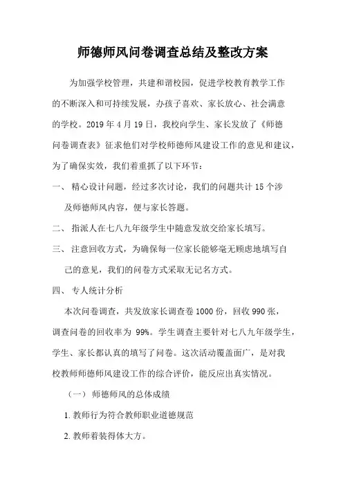 师德师风问卷调查总结及整改方案