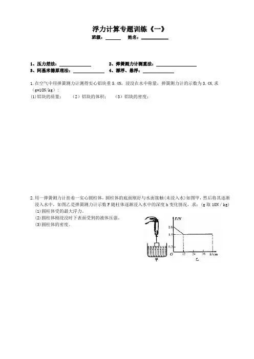 浮力计算专题训练《一》