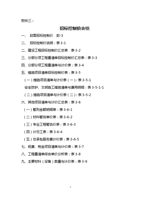 招标控制价表格