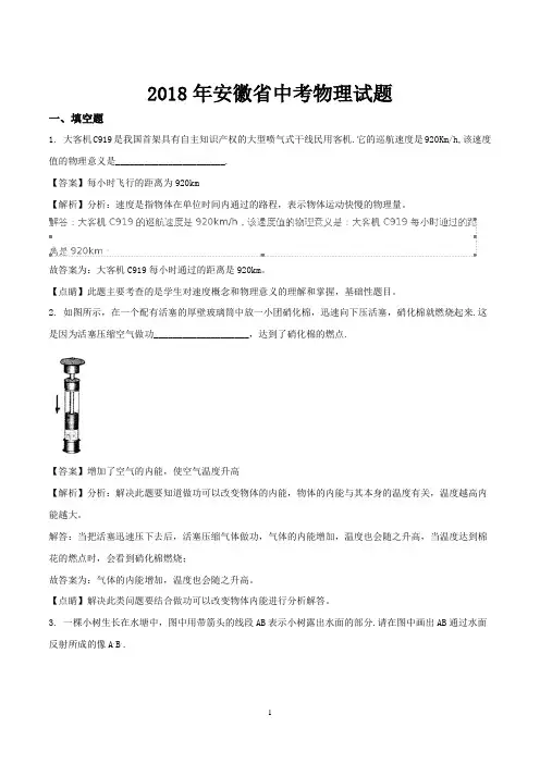 2018年安徽省中考物理试题-含答案解析
