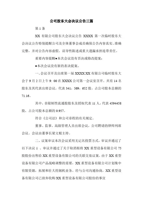 公司股东大会决议公告三篇.doc