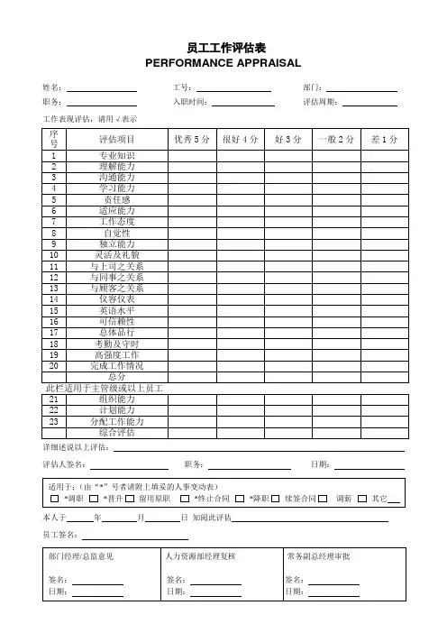 员工工作评估表