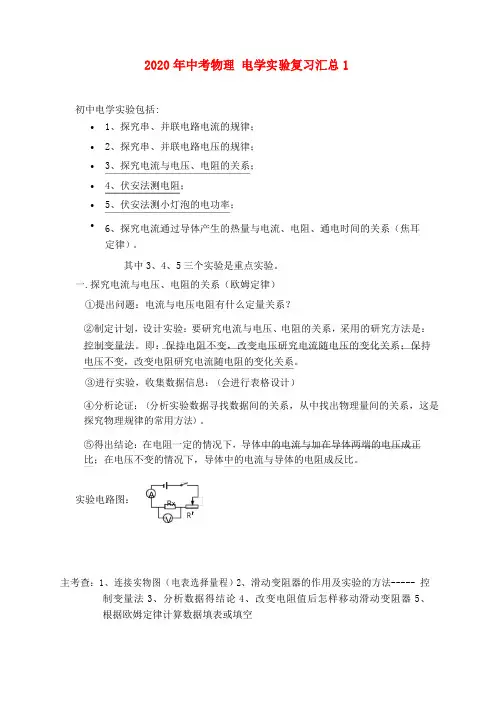 2020年中考物理 电学实验复习汇总1