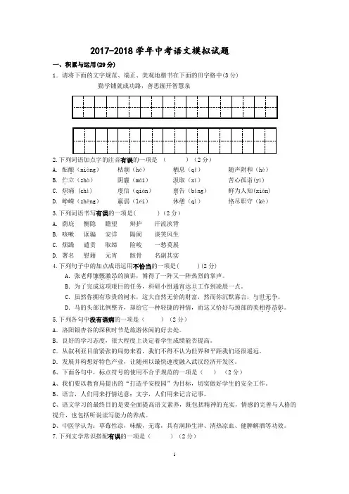 2017-2018中考语文模拟试卷(带答案) (9)