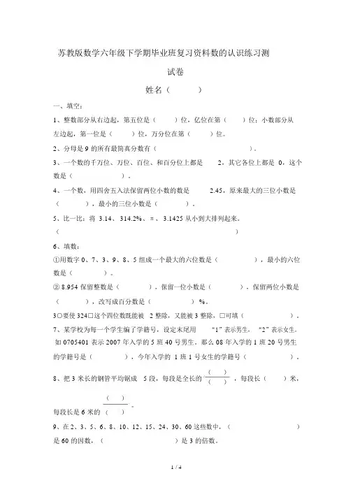 苏教版数学六年级下学期毕业班复习资料数的认识练习测试卷.docx