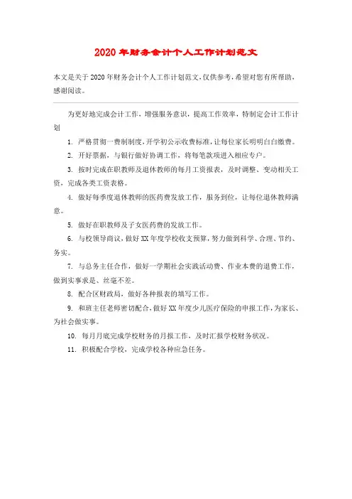 2020年财务会计个人工作计划范文
