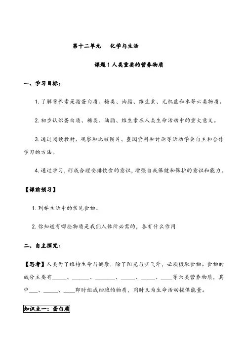 九年级化学下册【第十二单元化学与生活导学案】