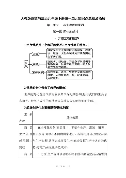 人教版道德与法治九年级下册第一单元  我们共同的世界  知识点总结及拓展