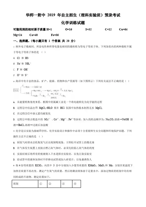 2019年湖北省武汉市洪山区华师一附中自主招生(理科实验班)预录考试模拟化学试题(原卷版)