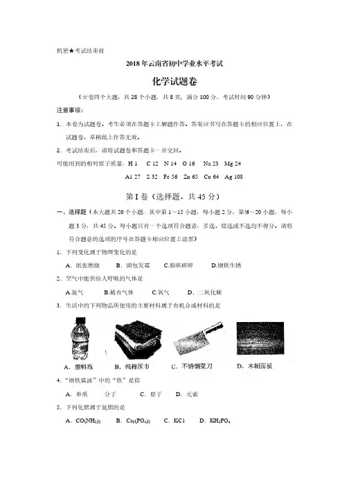 2018年云南省中考化学试题及答案【中考真题】