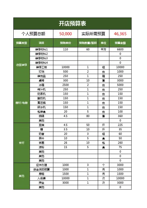 个人开店预算明细表表格模板(推荐)