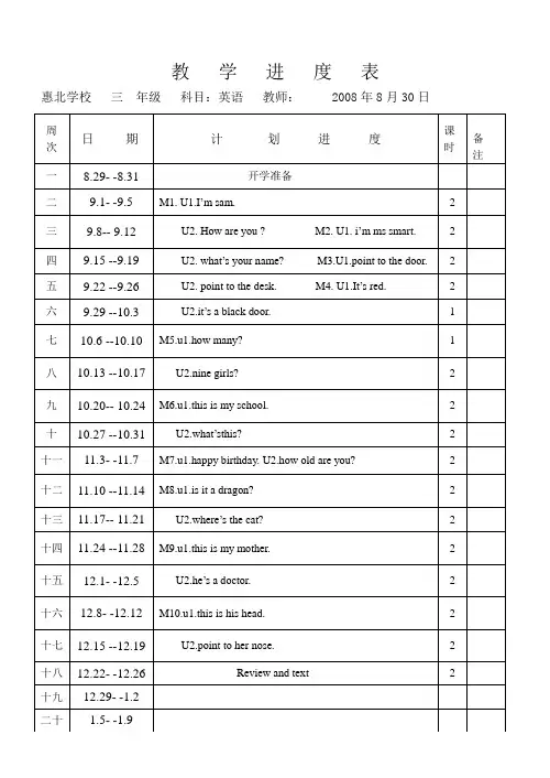 外研版2008-2009三年级上英语教学计划及进度
