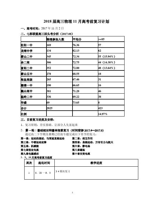 2018届浙江选考高三物理11月高考前复习计划