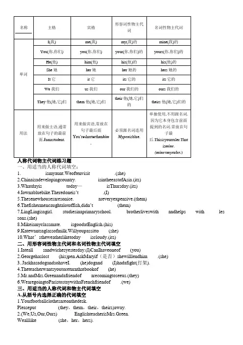 小学六年级英语人称代词表及练习