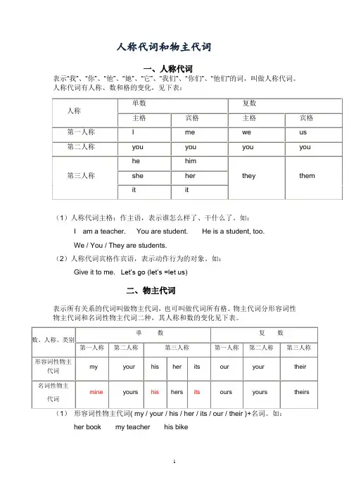 人教版初中英语代词和物主代词的表格与训练