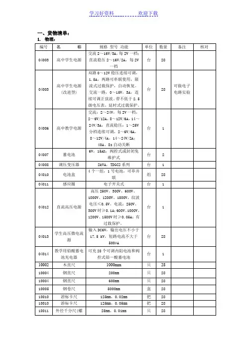 高中物理实验室器材列表
