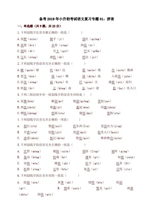 六年级下册语文试题-备考2019年小升初考试语文复习专题01：拼音 通用版(含解析)-精品