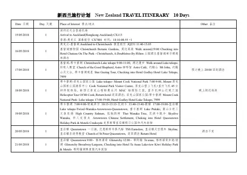 最新新西兰旅行计划10日行程单签证模板