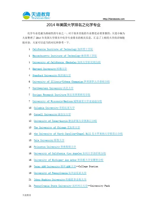 【天道独家】2014年美国大学排名之化学专业
