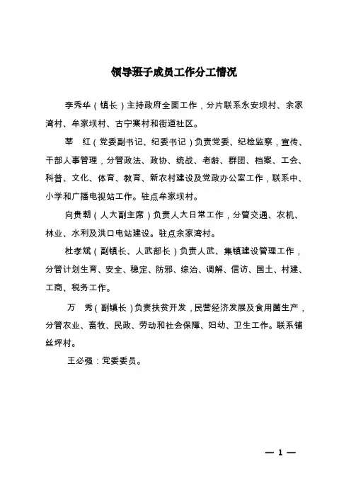 领导班子成员工作分工情况