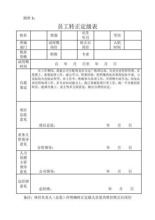 员工转正定级表范本