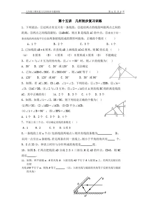 第十五讲  期末复习易错题  几何初步复习训练