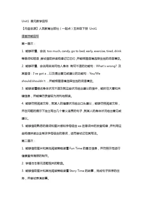 人教版(新起点)英语五年级下册：unit 1《keeping healthy》单元教学目标