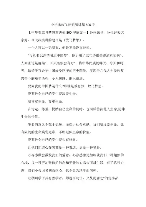 中华魂放飞梦想演讲稿800字