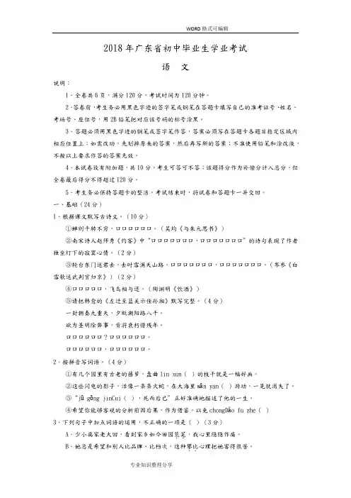 2018广东初中毕业生学业考试最新版语文含答案解析