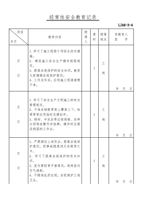 经常性安全教育记录.doc(钢筋工)