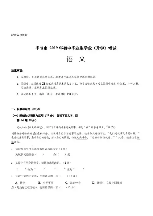 贵州省毕节市 2019 年初中毕业生学业(升学)考试语文试卷