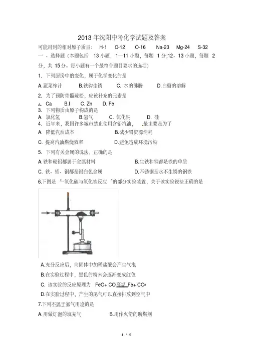 辽宁省沈阳市2013年中考化学试题(word版-含答案)