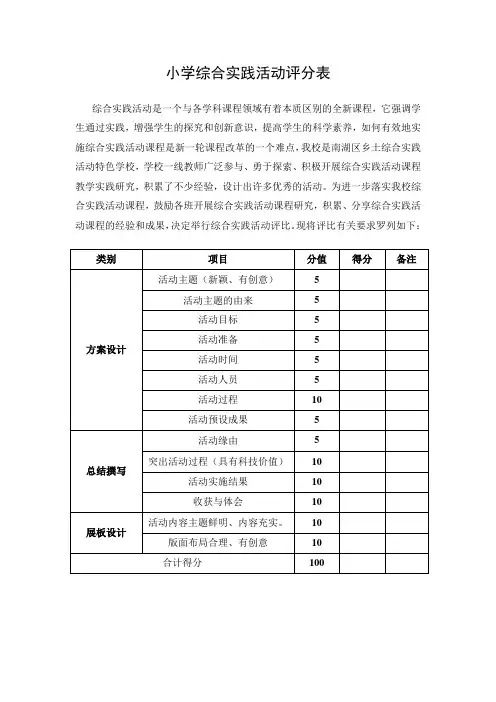 小学综合实践活动评分表