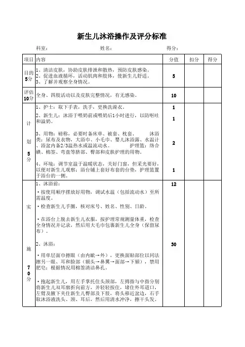 新生儿沐浴操作及评分标准
