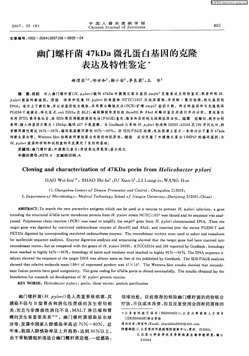 幽门螺杆菌47kDa微孔蛋白基因的克隆表达及特性鉴定